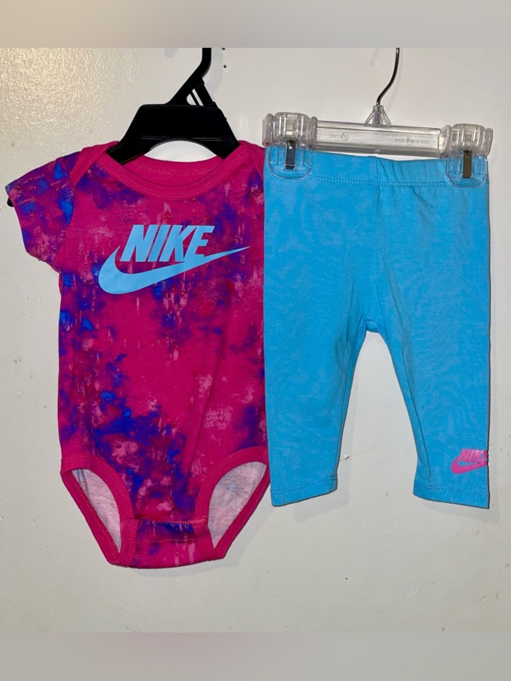 Nike Pink Tie-Dye Bodysuit with Blue Logo & Bright Blue Leggings